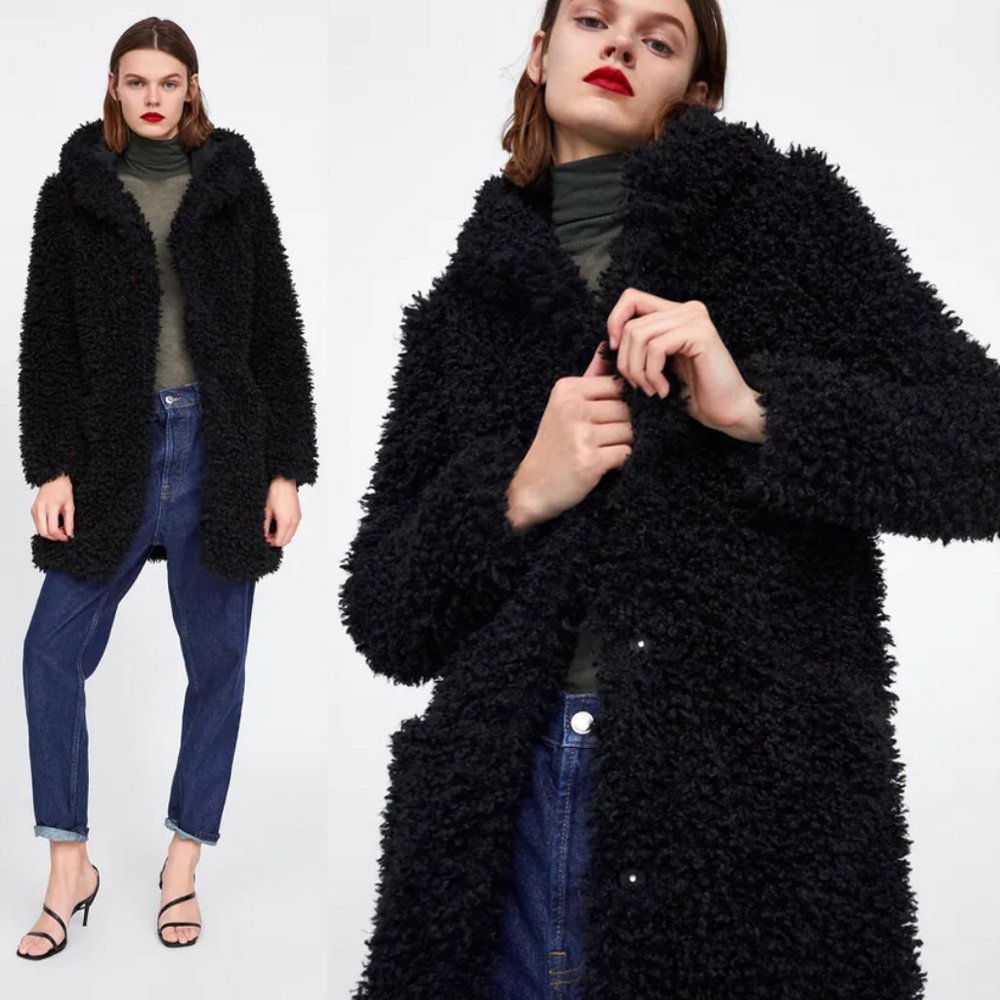 NEW Zara Black Hooded Soft Faux Shaggy Fur Oversize Teddy Jacket Long Coat $30